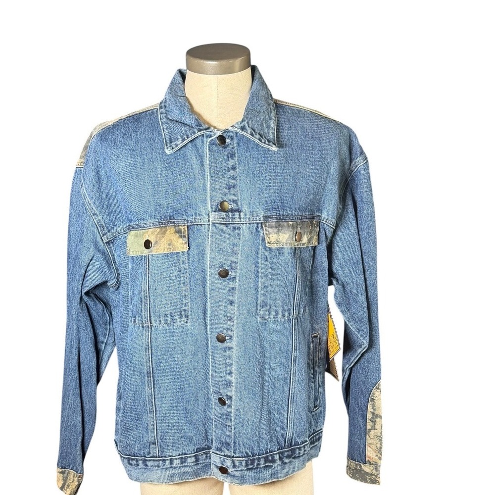 Camo Ridge Mens Large Denim Trucker Jacket Blue Camo Accents NWT APP-300BW